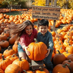 A cheerful pumpkin patch on a bright autumn day, featuring a wide array of pumpkins in various bright colors and unique shapes
