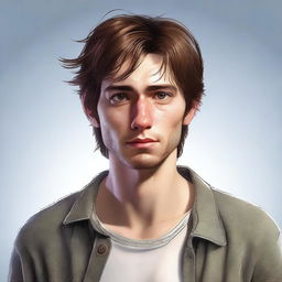 A realistic, high-quality digital art image of an adult who is lanky, dorky, with prominent crater-like acne scars and brown hair