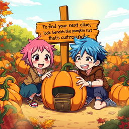 Anime-style illustration of a lively pumpkin patch during a bright autumn day