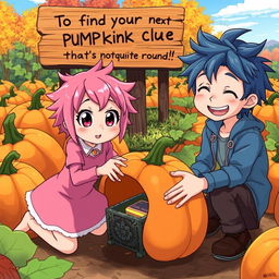 Anime-style illustration of a lively pumpkin patch during a bright autumn day