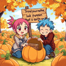 Anime-style illustration of a lively pumpkin patch during a bright autumn day
