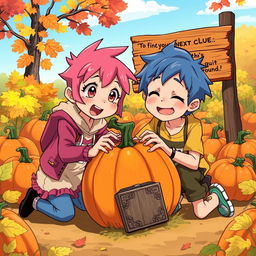 Anime-style illustration of a lively pumpkin patch during a bright autumn day