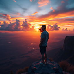 A solitary man enjoying a breathtaking view, standing on a cliff overlooking a vast landscape