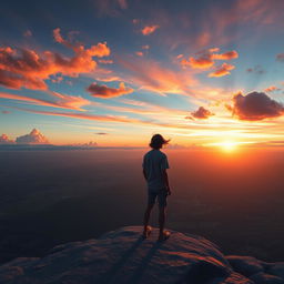 A solitary man enjoying a breathtaking view, standing on a cliff overlooking a vast landscape