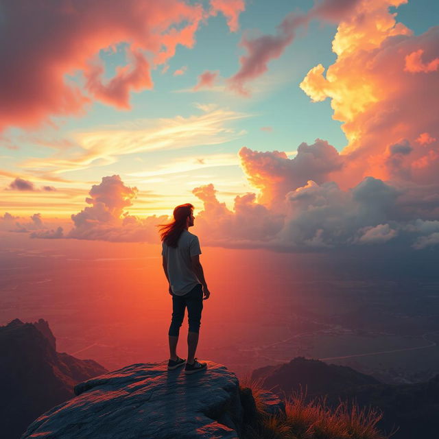 A solitary man enjoying a breathtaking view, standing on a cliff overlooking a vast landscape