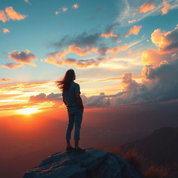 A solitary man enjoying a breathtaking view, standing on a cliff overlooking a vast landscape