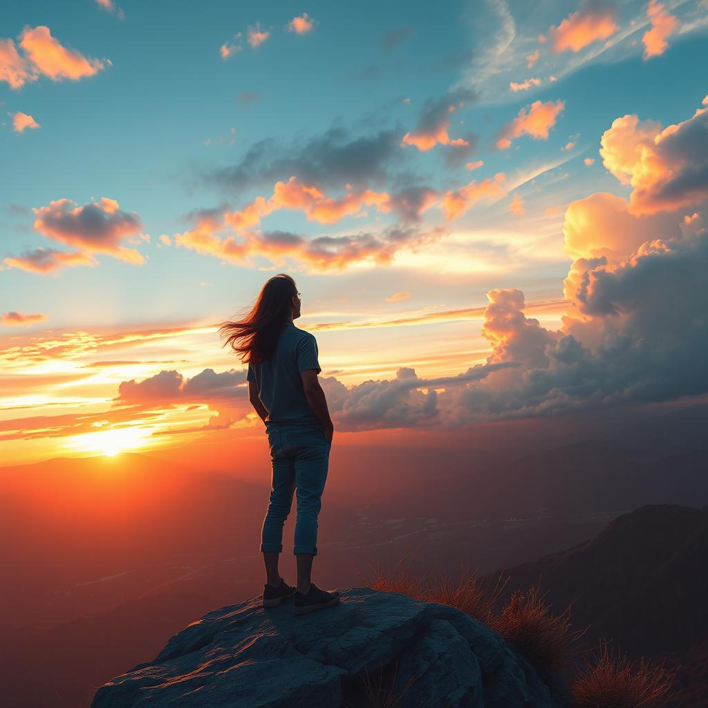 A solitary man enjoying a breathtaking view, standing on a cliff overlooking a vast landscape