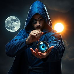 An elegant 25-year old male sorcerer poised in a combat stance within a dark, ominous environment