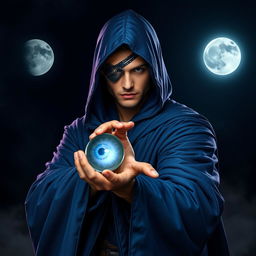 An elegant 25-year old male sorcerer poised in a combat stance within a dark, ominous environment
