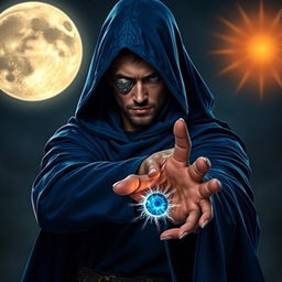 An elegant 25-year old male sorcerer poised in a combat stance within a dark, ominous environment