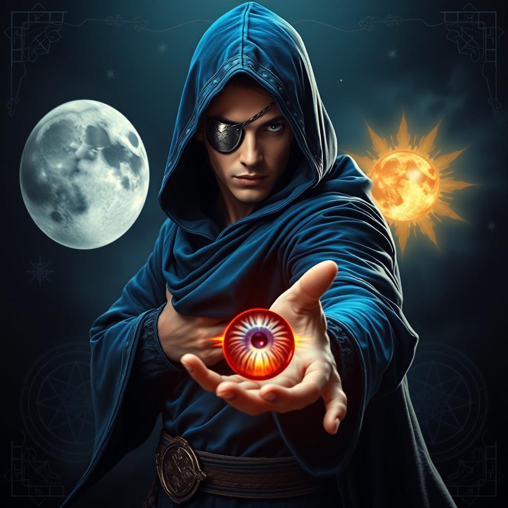 An elegant 25-year-old male sorcerer poised in a dynamic combat stance, set within a dark, ominous environment