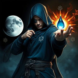 An elegant 25-year-old male sorcerer poised in a dynamic combat stance, set within a dark, ominous environment