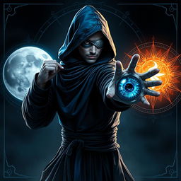 An elegant 25-year-old male sorcerer poised in a dynamic combat stance, set within a dark, ominous environment
