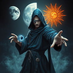 An elegant 25-year-old male sorcerer poised in a dynamic combat stance, set within a dark, ominous environment