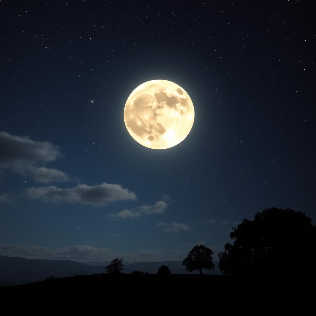 A stunning night sky with a large, luminous full moon, surrounded by twinkling stars