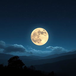 A stunning night sky with a large, luminous full moon, surrounded by twinkling stars