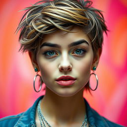 A close-up portrait of a fashionable young adult with a confident expression, showcasing unique, expressive features