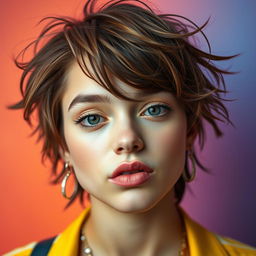 A close-up portrait of a fashionable young adult with a confident expression, showcasing unique, expressive features