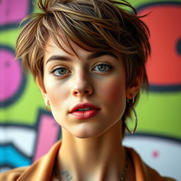 A close-up portrait of a fashionable young adult with a confident expression, showcasing unique, expressive features