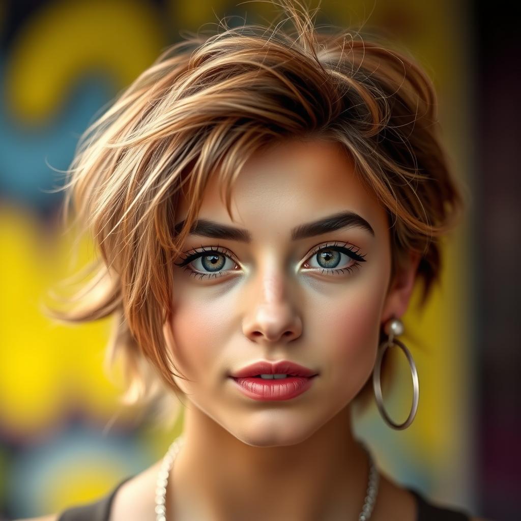 A close-up portrait of a fashionable young adult with a confident expression, showcasing unique, expressive features