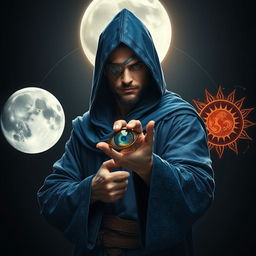 An elegant and wise 25-year-old male sorcerer poised in a combat stance within a dark, ominous environment