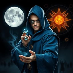 An elegant and wise 25-year-old male sorcerer poised in a combat stance within a dark, ominous environment