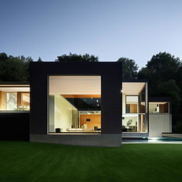 Modern house with minimalist design, sleek lines, and expansive glass windows reflecting the surrounding environment.