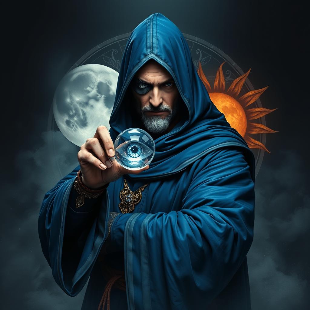An elegant and wise 35-year old male sorcerer in a combat stance within a dark, ominous environment
