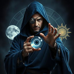 An elegant and wise 35-year old male sorcerer in a combat stance within a dark, ominous environment