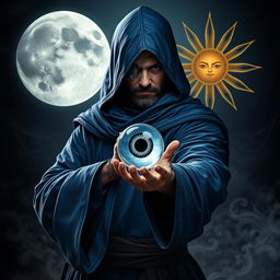 An elegant and wise 35-year old male sorcerer in a combat stance within a dark, ominous environment
