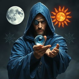 An elegant and wise 35-year old male sorcerer in a combat stance within a dark, ominous environment