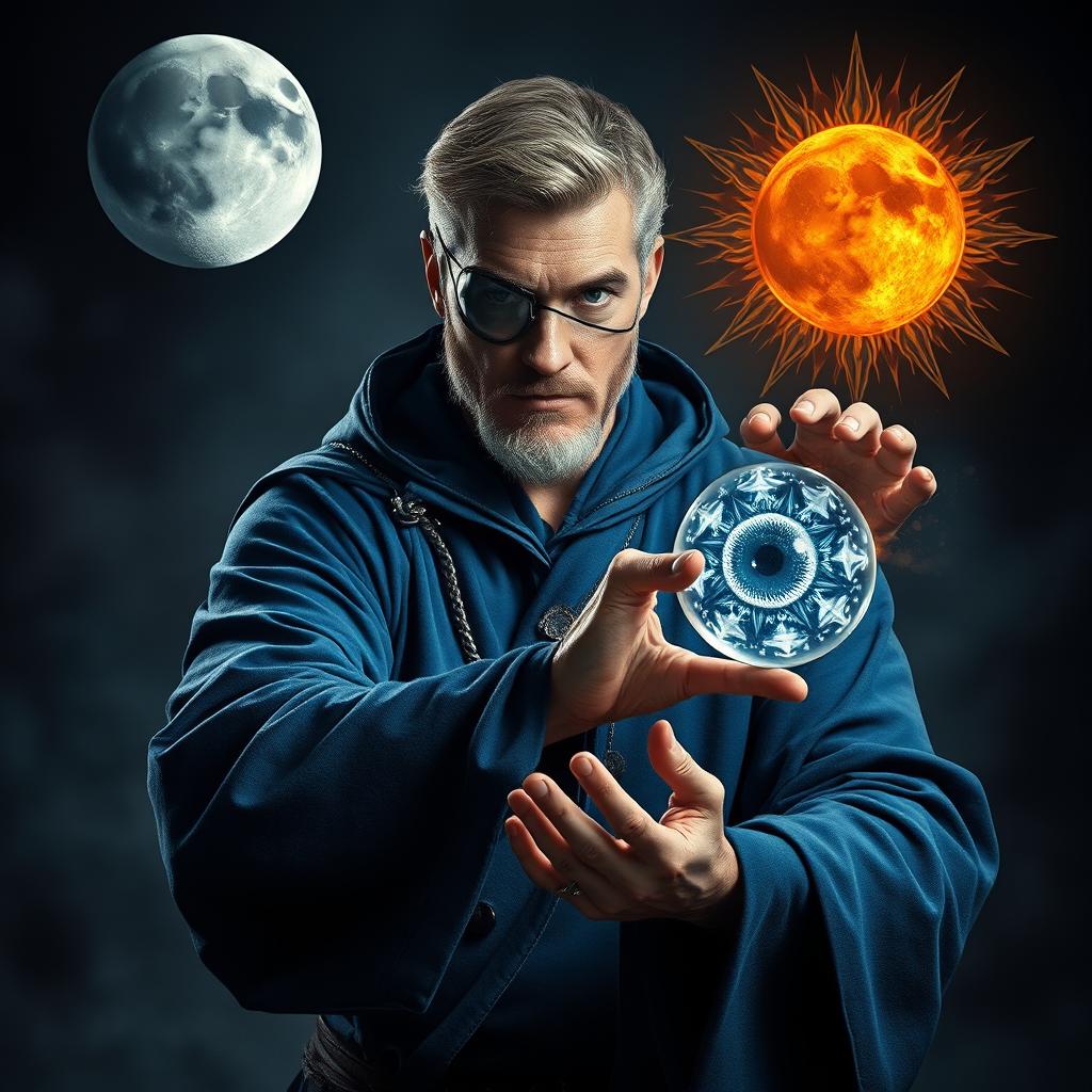 An elegant and wise 35-year-old male sorcerer poised in a combat stance within a dark, ominous environment