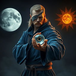 An elegant and wise 35-year-old male sorcerer poised in a combat stance within a dark, ominous environment