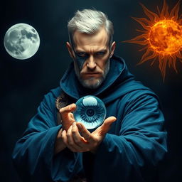 An elegant and wise 35-year-old male sorcerer poised in a combat stance within a dark, ominous environment