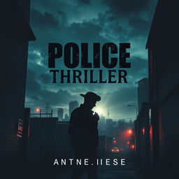 A captivating cover design for a police thriller novel, featuring a dark and moody urban landscape at night