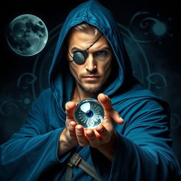 An elegant 35-year-old male sorcerer posed in a combat stance, set against a dark, ominous environment