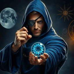 An elegant 35-year-old male sorcerer posed in a combat stance, set against a dark, ominous environment