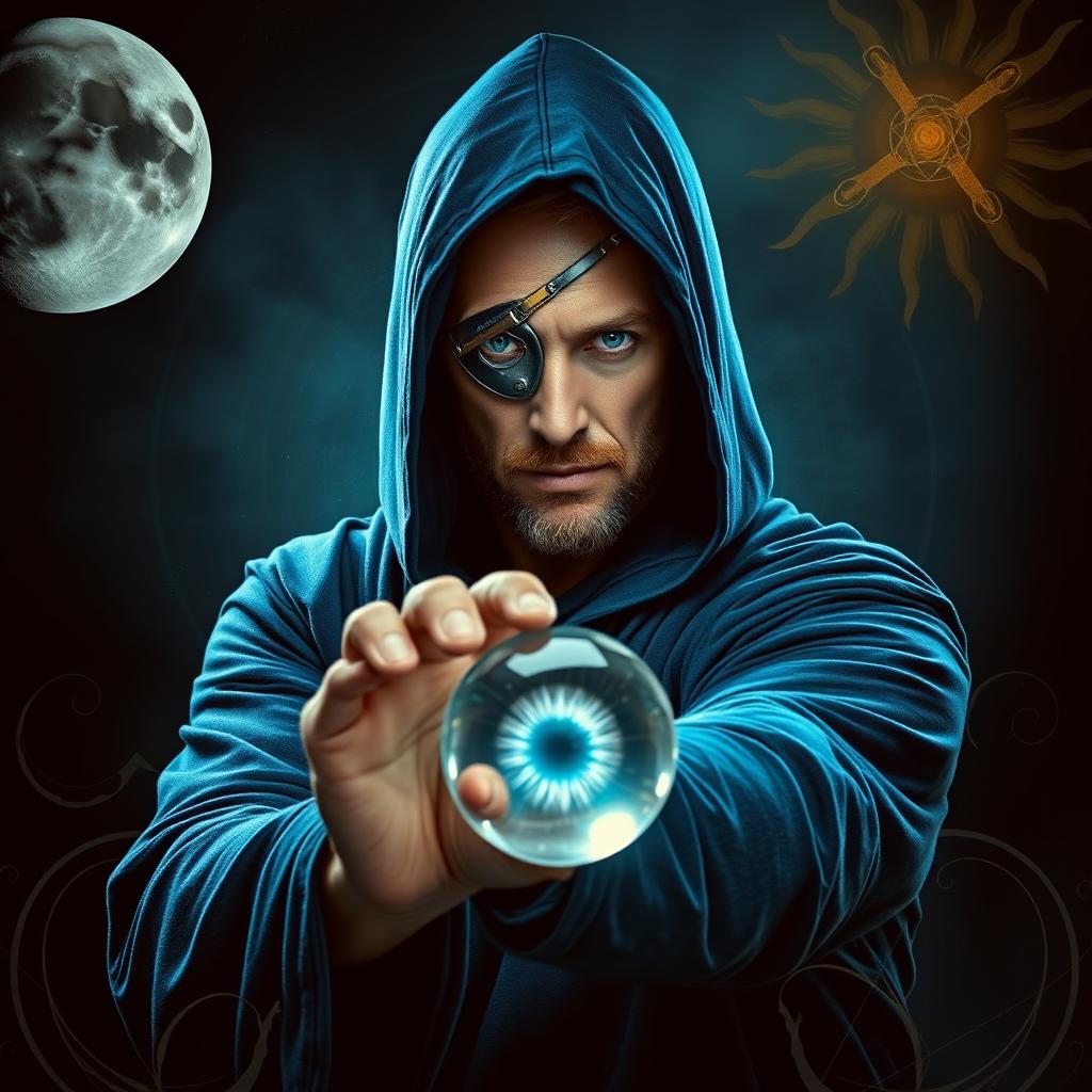 An elegant 35-year-old male sorcerer posed in a combat stance, set against a dark, ominous environment