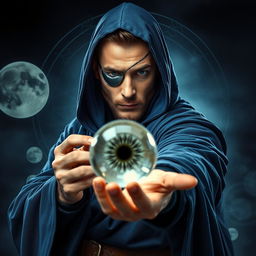 An elegant 35-year-old male sorcerer posed in a combat stance, set against a dark, ominous environment