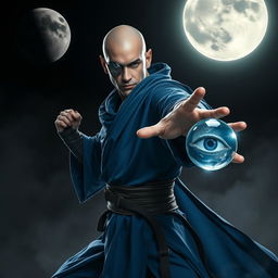 An elegant 35-year-old male sorcerer poised in a combat stance within a dark, ominous environment