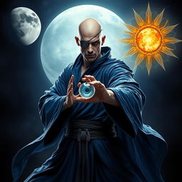 An elegant 35-year-old male sorcerer poised in a combat stance within a dark, ominous environment