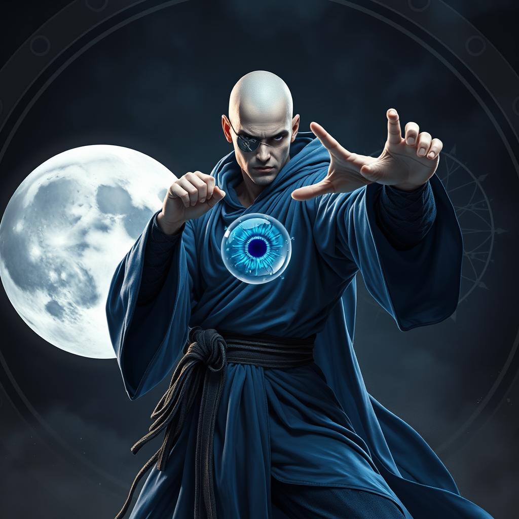 An elegant 35-year-old male sorcerer poised in a combat stance within a dark, ominous environment