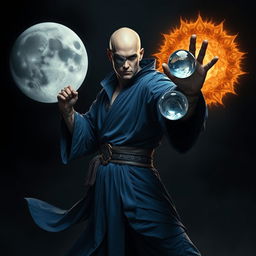 An elegant 35-year-old male sorcerer poised in a combat stance within a dark, ominous environment