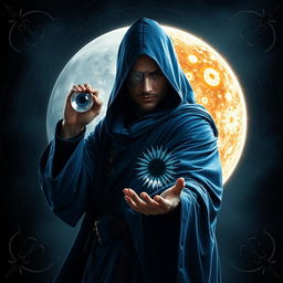 An elegant 35-year old male sorcerer poised in a combat stance within a dark, celestial environment