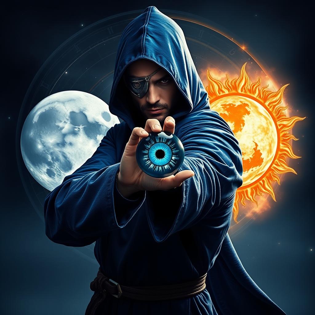 An elegant 35-year old male sorcerer poised in a combat stance within a dark, celestial environment
