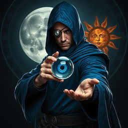 An elegant 35-year old male sorcerer poised in a combat stance within a dark, celestial environment