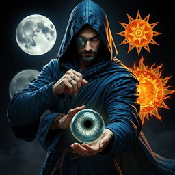 An elegant 35-year old male sorcerer poised in a combat stance within a dark, celestial environment