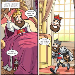 A humorous comic strip featuring a whimsical king in elaborate royal attire, lounging in a grand bed draped with rich fabrics