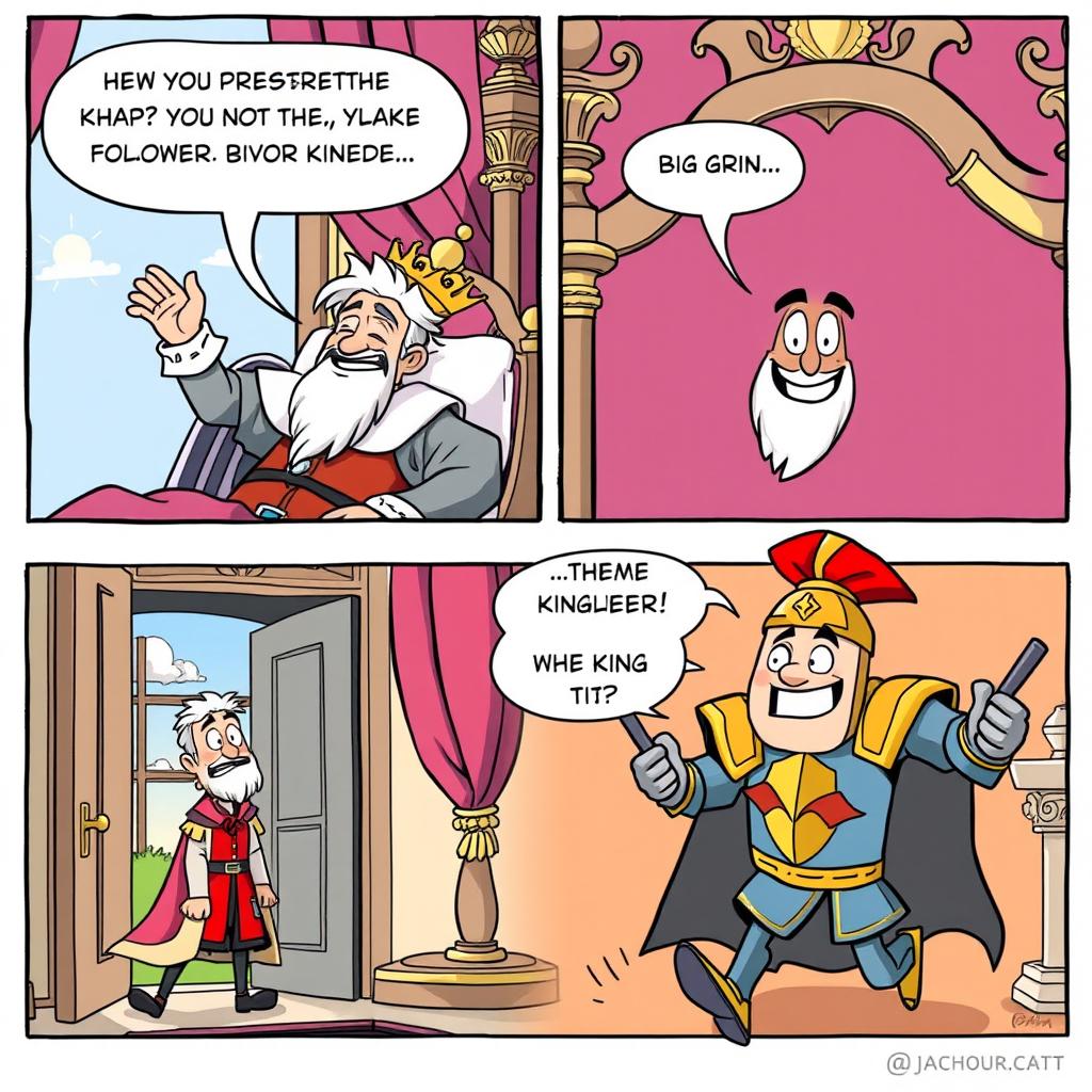 A humorous comic strip featuring a whimsical king in elaborate royal attire, lounging in a grand bed draped with rich fabrics