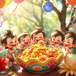A lively scene featuring cute munchkins, with adorable expressions and playful antics, enjoying a colorful platter of fried rice
